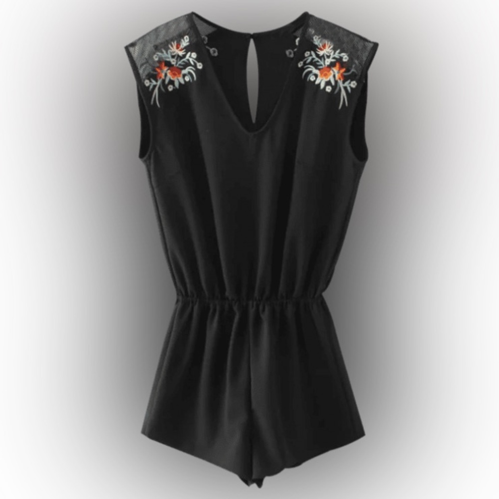 Black V-Neck Romper with Floral Details